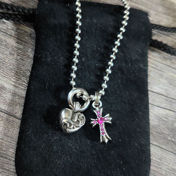 chrome hearts pink diamond cross love bead necklace