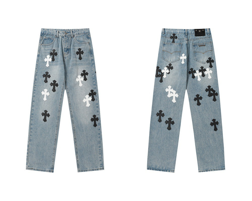 Chrome Hearts color cross leather jeans